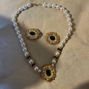 Avon necklace earrings set, pearl with black stone